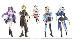  1boy 4girls absurdres aether_(genshin_impact) amaichi_esora asymmetrical_footwear asymmetrical_gloves asymmetrical_legwear bare_shoulders black_footwear black_gloves black_socks blonde_hair blue_eyes blue_thighhighs boots closed_mouth cone_hair_bun double_bun fingerless_gloves flying full_body furina_(genshin_impact) genshin_impact gloves hair_between_eyes hair_bun half_gloves hand_on_own_hip hand_up highres jacket keqing_(genshin_impact) long_hair long_sleeves looking_at_viewer lumine_(genshin_impact) midriff mismatched_gloves mismatched_legwear multiple_girls navel official_art open_clothes open_jacket open_mouth paimon_(genshin_impact) purple_hair shoes short_hair short_hair_with_long_locks simple_background smile socks standing thighhighs twintails uneven_footwear uneven_legwear white_background white_hair white_socks yellow_eyes 