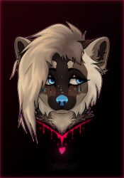  blonde_hair blue_eyes blue_nose canid canine canis female feral freckles hair heart_(marking) heart_symbol hi_res larzali mammal markings running_makeup running_mascara sad solo wolf 