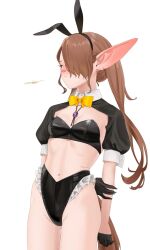  black_bra black_panties blush bra breasts brown_eyes brown_hair cowboy_shot female highres latex long_hair nontraditional_playboy_bunny original panties petite shio_maneki0 small_breasts solo twintails underwear very_long_hair white_background 