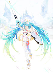  aqua_eyes aqua_hair aqua_necktie arm_up boots diadem dress elbow_gloves female flag full_body gloves gold_trim goodsmile_racing green_hair hatsune_miku holding holding_polearm holding_shield holding_weapon koyama_shigeto logo long_hair looking_at_viewer multicolored_hair necktie official_art polearm racing_miku racing_miku_(2015) second-party_source shield short_necktie smile smiley_face solo standing standing_on_one_leg strapless strapless_dress taiki_(luster) thighhighs tiara twintails two-tone_hair very_long_hair vocaloid weapon white_dress white_footwear white_gloves white_thighhighs 