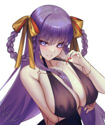  bare_shoulders bb_(fate) bb_dubai_(fate) black_dress blush braid braided_hair_rings breasts center_opening cleavage dress fate/grand_order fate_(series) female grin hair_ribbon highres jewelry l4st_resort large_breasts long_hair looking_at_viewer necklace purple_eyes purple_hair ribbon sideboob smile solo twin_braids very_long_hair yellow_ribbon 