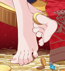  absurdres argyle_clothes artist_logo barefoot between_toes blue_gemstone coin crossed_ankles english_commentary feet feet_only female foot_focus gem gem_(symbol) gold_coin gradient_background highres holding holding_coin holding_with_feet honkai:_star_rail honkai_(series) mohoshadream red_background shadow sitting solo star_(sky) toenails toes topaz_(honkai:_star_rail) 