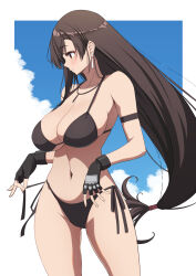  adjusting_clothes adjusting_swimsuit bikini black_bikini blue_sky blush breasts brown_hair cleavage cloud collarbone commentary_request earrings final_fantasy final_fantasy_vii final_fantasy_vii_ever_crisis fingerless_gloves floating_earring gloves highres huge_breasts jewelry kojirou! navel official_alternate_costume parted_lips profile side-tie_bikini_bottom sideways_glance skindentation sky swept_bangs swimsuit tifa_lockhart tifa_lockhart_(lifeguard) whistle whistle_around_neck 