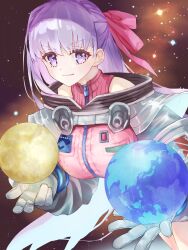  aopix_001 bb_cosmo_(fate) blush breasts fate/grand_order fate_(series) female hair_ribbon helmet highres large_breasts leotard long_hair long_sleeves pink_leotard planet purple_eyes purple_hair ribbon shrug_(clothing) smile solo space_helmet spacesuit very_long_hair 