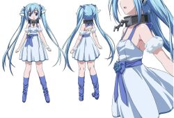  blue_bow blue_eyes blue_flower blue_footwear blue_hair boots bow chains collar dress dress_bow female flat_chest flower highres long_hair metal_collar multiple_views nymph_(sora_no_otoshimono) pointy_ears reference_sheet robot_ears short_dress simple_background sleeveless sleeveless_dress solo sora_no_otoshimono twintails very_long_hair watanabe_yoshihiro white_background white_dress 