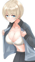  blonde_hair blue_eyes blush bra breasts cleavage closed_mouth collarbone female girls_und_panzer highres jacket keizoku_military_uniform kitayama_miuki large_breasts lingerie looking_at_viewer military_uniform navel short_hair simple_background skirt solo track_jacket underwear uniform white_background white_bra youko_(girls_und_panzer) 