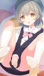  1boy :o arms_between_legs between_legs black_dress blush bow bowtie chestnut_mouth collared_shirt covering_crotch covering_privates dress female frown full_body green_hair green_hat hand_between_legs hat holding_another&#039;s_foot indoors kneehighs knees_up komone_ushio legs_up long_sleeves looking_at_viewer no_shoes original panties pantyshot pink_bow pink_bowtie pov pov_hands reclining shirt short_hair sitting skirt skirt_tug sleeves_past_wrists socks soles solo_focus underwear white_panties white_shirt white_socks yellow_eyes 