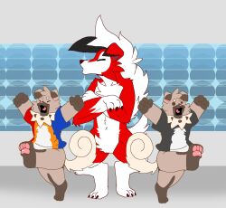  2020 3_toes 4_fingers anthro anthrofied brown_body brown_fur closed_eyes clothed clothing crossed_arms feet fingers fur generation_7_pokemon group lyan_the_lycanroc lycanroc male mc_morrales nintendo nude open_mouth pantsless pokemon pokemon_(species) raised_arms raised_leg rockruff shirt size_difference toes topwear trio 