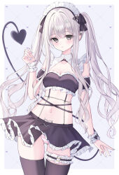  apron black_skirt black_thighhighs breasts bridal_garter chains cleavage clothes_lift commission crop_top demon_tail female frilled_apron frilled_skirt frills grey_eyes grey_hair hair_ornament hairclip highres long_hair maid maid_apron maid_headdress navel off_shoulder original panties skeb_commission skirt skirt_lift small_breasts striped_clothes striped_panties suineco tail thighhighs thighs twintails unconventional_maid underwear waist_apron white_apron white_hair wrist_cuffs 