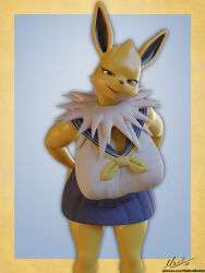  3d_(artwork) anthro anthrofied blender_(artwork) bottomwear breasts clothed clothing digital_media_(artwork) eeveelution female generation_1_pokemon hi_res hiddenmask18 jolteon nintendo pokemon pokemon_(species) pokemorph school_uniform skirt smile solo text uniform url 