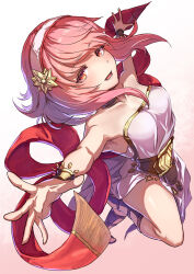  ancient_greek_clothes armpits bare_shoulders bracelet breasts collar collarbone commission dancer dancer_(fire_emblem:_three_houses) dancing female fire_emblem fire_emblem:_three_houses fire_emblem_fates from_above gladiator_sandals greco-roman_clothes headband highres jewelry looking_at_viewer medium_breasts pink_eyes pink_hair ribbon sakura_(fire_emblem) sandals short_hair shouma_(bravespiritya) simple_background skeb_commission smile thighs 