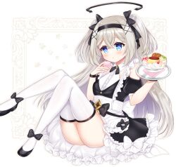  :o apron bare_shoulders black_bow black_footwear black_hairband blue_eyes blush bow breasts character_request collared_shirt commission dress dress_shirt eversoul female food frilled_apron frilled_dress frills grey_hair hair_between_eyes hair_ornament hairband hairbow halo hands_up holding holding_food holding_tray long_hair macaron off-shoulder_dress off_shoulder parted_lips puffy_short_sleeves puffy_sleeves shikito_(yawa0w0) shirt shoes short_sleeves skeb_commission sleeveless sleeveless_shirt small_breasts solo thighhighs tray two_side_up very_long_hair white_apron white_background white_shirt white_thighhighs x_hair_ornament 