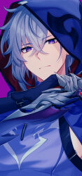  1boy absurdres blue_gloves commentary_request gloves grey_hair highres holding holding_weapon honkai:_star_rail honkai_(series) hood looking_at_viewer male_focus moze_(honkai:_star_rail) pochimaru_(marumaru_wanwan) purple_eyes purple_shirt shirt short_hair solo upper_body weapon 