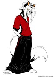  2009 anthro black_bottomwear black_clothing black_pants bottomwear canid canine canis clothed clothing deon_(deonwolf) deonwolf digital_media_(artwork) flat_colors fur hands_in_both_pockets hi_res male mammal pants red_clothing red_shirt red_topwear shirt solo topwear white_body white_fur wolf yellow_eyes 