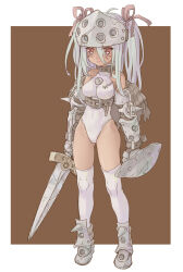  ahoge armor armored_boots armored_gloves belt boots breasts brown_eyes buckler commentary_request dark-skinned_female dark_skin expressionless female forehead_protector full_body grey_hair hair_ribbon highleg highleg_leotard highres holding holding_shield holding_sword holding_weapon katahira_masashi leotard long_hair medium_breasts original ribbon shield solo sword thighhighs weapon 