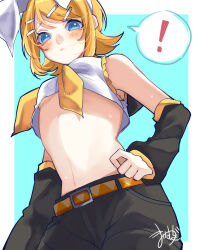  ! absurdres aqua_background bare_shoulders belt belt_buckle black_sailor_collar black_shorts black_sleeves blonde_hair blue_eyes bow breasts buckle crop_top detached_sleeves embarrassed female foreshortening from_below hair_ornament hairbow hairclip hand_on_own_hip highres kagamine_rin light_frown looking_at_viewer looking_down mai_mugi medium_hair narrow_waist nervous_sweating orange_belt sailor_collar shirt shorts signature sleeveless sleeveless_shirt small_breasts spoken_exclamation_mark surprised sweat swept_bangs underboob vocaloid white_bow white_shirt 