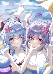  2girls absurdres bare_shoulders barefoot beach bikini black_bikini blue_hair blurry blurry_background breasts cleavage commentary_request cone_hair_bun cup diamond-shaped_pupils diamond_(shape) drinking_glass flower food fruit ganyu_(genshin_impact) genshin_impact goat_horns grin hair_bun hair_flower hair_ornament halterneck hand_on_another&#039;s_chin highres horns keqing_(genshin_impact) large_breasts legs_up lemon lemon_slice long_hair looking_at_viewer lying maaashuro multiple_girls on_stomach one_eye_closed outdoors pink_eyes pout purple_hair slime_(genshin_impact) smile swimsuit symbol-shaped_pupils toes water white_bikini 