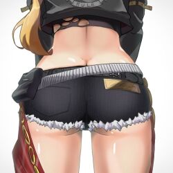  ass ass_focus black_jacket black_shorts blonde_hair butt_crack female from_behind jacket long_hair lower_body luciana_de_montefio nemutai_yo short_shorts shorts simple_background solo standing thighs white_background zenless_zone_zero 