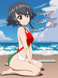  beach black_hair blush braid breasts brown_eyes character_name dated female girls_und_panzer grin happy_birthday highres large_breasts looking_at_viewer naotosi ocean outdoors pepperoni_(girls_und_panzer) short_hair signature sitting sky smile solo swimsuit 