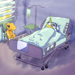  agumon animal_skin anthro bandai_namco bed claws digimon digimon_(species) duo fur furniture gabumon green_eyes hi_res horn hospital hospital_bed humor iv_bag lego_tepi male red_eyes scalie sitting striped_body striped_fur stripes yellow_body 