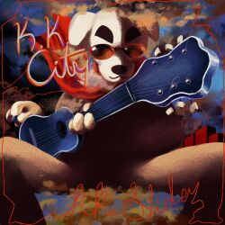  1:1 2020 album_cover animal_crossing anthro canid canine canis clothed clothing cover domestic_dog english_text eyewear fingers floppy_ears fur gerry_rafferty_(artist) guitar k.k._slider k.k._slider_album_redraw male mammal meme musical_instrument nintendo plucked_string_instrument scarf sitting solo string_instrument sunglasses text white_body white_fur willobark 