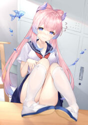  absurdres blue_eyes blue_sailor_collar blue_skirt blunt_bangs blush bow-shaped_hair breast_pocket breasts chair closed_mouth collarbone female fish flying_sweatdrops full_body genshin_impact hair_ornament highres indoors kneehighs knees_together_feet_apart knees_up kuroida legs_on_table locker long_hair looking_at_viewer medium_breasts neckerchief panties pink_hair pleated_skirt pocket red_neckerchief sailor_collar sangonomiya_kokomi school_uniform serafuku shirt shoe_soles shoes short_sleeves sidelocks skirt smile socks solo table thick_eyebrows thighs underwear uwabaki white_footwear white_panties white_serafuku white_shirt white_socks 