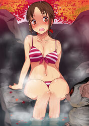  animal bikini blush breasts brown_eyes brown_hair female gujira highres holly_(monster_farm) legs long_hair looking_down medium_breasts monster_farm navel onsen open_mouth ponytail rock rocks sitting solo steam sweat swimsuit thighs water wet 