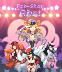  4girls ;d ahri_(league_of_legends) alternate_costume alternate_hair_color animal_ears bare_shoulders bell black_hair blonde_hair braid breasts buttons character_name cleavage commentary_request cosplay dakun detached_sleeves epaulettes facial_mark fox_ears fox_tail foxfire_ahri generation_ahri girls&#039;_generation gradient hand_on_own_hip hat headset heart heart_necklace highres idol jacket jewelry jingle_bell korean_clothes large_breasts league_of_legends lights long_hair long_sleeves looking_at_viewer looking_back microphone microphone_stand military military_uniform multiple_girls multiple_persona multiple_tails naval_uniform necklace one_eye_closed open_clothes open_jacket open_mouth peaked_cap photoshop_(medium) popstar_ahri profile red_hair rope salute sidelocks single_braid slit_pupils smile star_(symbol) tail tassel uniform very_long_hair whisker_markings yellow_eyes zipper 