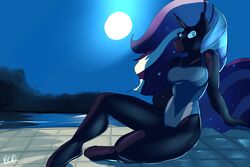  3:2 anthro anthrofied black_body black_fur blue_hair bluecoffeedog clothing cosmic_hair equid equine ethereal_hair female friendship_is_magic full_moon fur hair hasbro hi_res hooves horn idw_publishing looking_at_viewer mammal moon my_little_pony my_little_pony_(idw) mythological_creature mythological_equine mythology nightmare_rarity_(idw) one-piece_swimsuit pinup pose pseudo_hair rarity_(mlp) sitting solo swimming_pool swimwear unicorn 