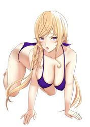  absurdres all_fours baji_toufuu_(bajitohfu) bikini blonde_hair blush braid breasts cleavage collarbone female hanging_breasts highres large_breasts long_hair looking_at_viewer low_twintails nakiri_erina open_mouth purple_bikini purple_eyes shadow shokugeki_no_souma simple_background solo sweat swept_bangs swimsuit twin_braids twintails v-shaped_eyebrows wet white_background 