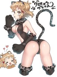  2girls animal_ears bad_id bad_pixiv_id blonde_hair blush bodysuit breasts cat_ears cat_tail closed_eyes commentary_request fake_animal_ears fake_tail fur-trimmed_gloves fur-trimmed_legwear fur_trim gloves hair_ornament hairclip highres large_breasts multiple_girls senki_zesshou_symphogear senki_zesshou_symphogear_xd_unlimited short_hair simple_background standing tachibana_hibiki_(symphogear) tachibana_hibiki_(symphogear)_(another) tail translation_request white_background yellow_eyes yukitsuba_hina 