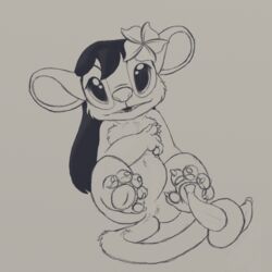  1:1 2016 5_toes accessory alien alternate_version_at_source banana black_and_grey claws digital_drawing_(artwork) digital_media_(artwork) disney experiment_(lilo_and_stitch) feet female flower flower_in_hair food fruit fur grey_background hair hair_accessory holding_food holding_object lilo_and_stitch lilo_pelekai lilo_pelekai_(experiment) long_hair looking_at_viewer mammal monochrome pawpads petrock plant plumeria primate round_ears simple_background solo toe_claws toes 