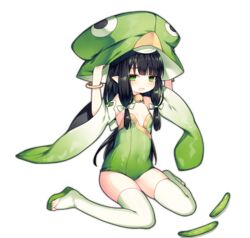  ao_jun ark_order bell black_hair bow bridal_legwear cucumber female flat_chest full_body green_eyes green_footwear green_hat green_leotard hands_on_headwear hat hat_bell jingle_bell kappa_(ark_order) leotard long_hair looking_at_viewer neck_bell official_art open_mouth pointy_ears sandals sidelocks sitting solo tachi-e thighhighs toeless_footwear transparent_background variant_set wariza wavy_mouth white_thighhighs wide_sleeves 