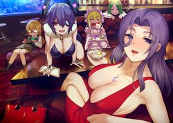  5girls alternate_costume aquarium bar_stool bare_shoulders blonde_hair blush bonnet booth_seating breasts cake cake_slice character_request cleavage closed_eyes cocktail_glass crossed_legs cup dress drinking_glass duplicate eating eyelashes eyepatch food fur_collar green_hair hair_ornament handheld_game_console headgear highres holding holding_handheld_game_console jewelry kantai_collection kusaka_souji large_breasts long_hair looking_at_viewer menu_board mochizuki_(kancolle) multiple_girls nagatsuki_(kancolle) necklace nightclub nintendo_switch olive on_table open_mouth pixel-perfect_duplicate purple_eyes purple_hair red_dress satsuki_(kancolle) short_hair shorts sitting smile stool sweater_vest table tatsuta_(kancolle) tenryuu_(kancolle) yellow_eyes 