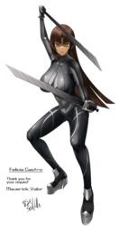  absurdres black_bodysuit blunt_bangs bodysuit bracer breasts brown_hair closed_mouth commentary_request commission dark-skinned_female dark_skin dual_wielding felicia_castro female floating_hair full_body gloves green_eyes highres hime_cut holding holding_sword holding_weapon impossible_bodysuit impossible_clothes large_breasts lips long_hair looking_at_viewer mole mole_under_mouth pixiv_commission sankyo_(821-scoville) serious shiny_clothes skin_tight solo standing sword tatakau_ataisuru weapon white_background 