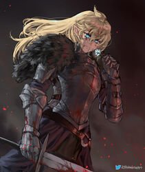  armor black_armor blonde_hair blood blood_in_hair blood_on_clothes blood_on_face blood_on_weapon blue_eyes breastplate commentary_request commission cowboy_shot embers female flower gauntlets hair_between_eyes highres holding holding_flower holding_sword holding_weapon knight long_hair original plate_armor pointy_ears robusta_mania smoke solo standing sword twitter_logo twitter_username watermark weapon 