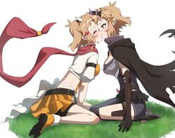  2girls bad_id bad_pixiv_id black_cape black_gloves blonde_hair blush bodysuit boots breasts cape cleavage closed_eyes commentary_request dual_persona eyelashes gloves hair_ornament hairclip happy imminent_kiss large_breasts looking_at_another multiple_girls orange_skirt red_scarf scar scar_on_chest scarf selfcest senki_zesshou_symphogear senki_zesshou_symphogear_xd_unlimited short_hair sitting skirt smile tachibana_hibiki_(symphogear) tachibana_hibiki_(symphogear)_(another) yellow_eyes yukitsuba_hina yuri 