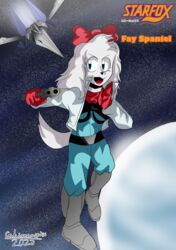  absurd_res airwing anthro blue_eyes bottomwear breasts cabimangaka canid canine canis clothed clothing domestic_dog english_text fay_(star_fox) female fluffy fluffy_tail fully_clothed fur gun hair hi_res holding_gun holding_object holding_ranged_weapon holding_weapon japanese_text katakana mammal nintendo pattern_background planet ranged_weapon ribbons simple_background solo space star-shaped_background star_fox tail text weapon white_body white_fur white_hair 