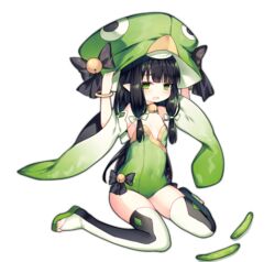  ao_jun ark_order bell black_bow black_hair black_legwear bow bridal_legwear cucumber female flat_chest full_body green_eyes green_footwear green_hat green_leotard hands_on_headwear hat hat_bell hat_bow jingle_bell kappa_(ark_order) leotard long_hair looking_at_viewer neck_bell official_art open_mouth pointy_ears sandals sidelocks sitting solo tachi-e toeless_footwear transparent_background two-tone_legwear variant_set wariza wavy_mouth white_legwear wide_sleeves 