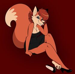  2020 3_toes anthro arm_tuft bedroom_eyes black_clothing black_dress breasts brown_pawpads canid canine classy cleavage clothed clothing countershade_feet countershading crossed_ankles digital_media_(artwork) dipstick_tail dress elbow_tuft feet female fingers foot_tuft footwear fox fully_clothed hair hi_res high_heels hindpaw jewelry kabula_(artist) looking_at_viewer mammal markings multicolored_tail narrowed_eyes necklace one_shoe_on orange_eyes pawpads paws plantigrade red_background red_fox red_hair seductive shoes simple_background smile soles solo strapless_clothing strapless_dress tail tail_markings toes true_fox tuft 