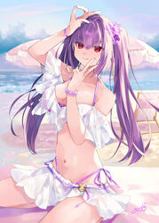  absurdres bare_shoulders bikini bracelet breasts cleavage collarbone fate/grand_order fate_(series) female flower hair_between_eyes hair_flower hair_ornament highres jewelry large_breasts long_hair looking_at_viewer microskirt misaki346 navel purple_bikini purple_hair red_eyes scathach_(fate) scathach_skadi_(fate) scathach_skadi_(swimsuit_ruler)_(fate) scathach_skadi_(swimsuit_ruler)_(first_ascension)_(fate) see-through skirt smile solo swimsuit thighs twintails 