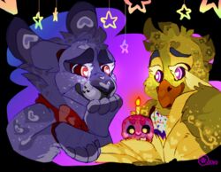  alternate_species anthro avian bird bonnie_(fnaf) chica_(fnaf) chicken cupcake_(fnaf) duo female five_nights_at_freddy&#039;s frillious furrification galliform gallus_(genus) heart_symbol lagomorph leporid love male male/female mammal phasianid rabbit scottgames star 