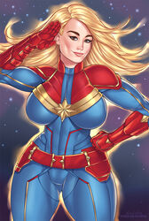  1girls ange1witch big_breasts blonde_hair breasts captain_marvel carol_danvers female female_only floating_hair glowing large_breasts looking_at_viewer marvel solo thick_thighs wide_hips 