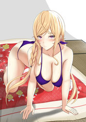  absurdres all_fours baji_toufuu_(bajitohfu) bikini blonde_hair blush braid breasts cleavage closed_mouth collarbone female futon hanging_breasts highres indoors large_breasts long_hair looking_at_viewer low_twintails nakiri_erina purple_bikini purple_eyes raised_eyebrows shadow shokugeki_no_souma solo sweat swept_bangs swimsuit tatami twin_braids twintails wet 