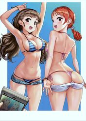  2girls :d absurdres alternate_hairstyle armpits arms_up ass back bare_shoulders bikini bikini_under_clothes blue_bikini blue_shorts blunt_bangs blush bracelet breasts brown_hair cellphone cellphone_photo cleavage clothes_pull drill_hair fingernails from_behind hair_ornament halterneck hamahama highres hojo_karen idolmaster idolmaster_cinderella_girls jewelry kamiya_nao large_breasts long_fingernails long_hair looking_at_viewer looking_back low_twintails medium_breasts multiple_girls navel no_shirt open_clothes open_fly open_mouth open_shorts orange_hair phone pink_bikini pinky_out pulling_own_clothes red_eyes round_teeth scan short_shorts shorts shorts_pull side-tie_bikini_bottom sideboob skindentation smartphone smile stomach string_bikini striped_bikini striped_clothes swimsuit taking_picture teeth thong thong_bikini twin_drills twintails white_shorts 