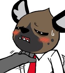  aggretsuko anthro blush bodily_fluids chin_scratch clothed clothing enigi09 haida_(aggretsuko) hyena male mammal sanrio solo spotted_hyena sweat tail tail_motion tailwag 