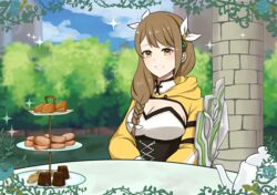  armor blush braid breasts brown_eyes brown_hair bush cleavage column commentary_request corset cup female fire_emblem fire_emblem:_three_houses fire_emblem_engage food goldmary_(fire_emblem) grin hair_ribbon highres hood hood_down large_breasts long_hair long_sleeves looking_at_viewer otokajife pastry pillar ribbon shoulder_armor shrug_(clothing) smile solo teacup tiered_tray white_ribbon 