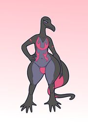  2024 anthro ass big_butt black_body black_eyes black_scales black_tail digital_media_(artwork) featureless_crotch generation_7_pokemon golde half-closed_eyes hand_on_hip hand_on_own_hip hi_res looking_at_viewer male male_(lore) multicolored_body multicolored_scales narrowed_eyes navel nintendo pink_body pink_scales pink_tail pokemon pokemon_(species) pose purple_body purple_scales purple_sclera salazzle scales smile solo standing tail thick_thighs two_tone_tail 