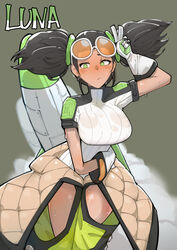  absurdres aged_up alternate_skin_color arm_around_waist arm_up azz0422 black_hair blush english_commentary english_text eyewear_on_head female green_eyes highres jacket looking_to_the_side luna_(omega_strikers) omega_strikers open_clothes open_jacket oversized_gloves rocket short_sleeves solo steam sunglasses sweat sweaty_clothes thigh_gap thighs tinted_eyewear twintails white-framed_eyewear 