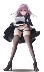  absurdres apron ass_visible_through_thighs azur_lane bikini black_bow black_bowtie black_gloves black_panties black_thighhighs bow bowtie breasts brown_footwear cheems commentary_request devonshire_(azur_lane) dress emblem female full_body gloves hands_up high_heels highres holster long_sleeves looking_at_viewer maid maid_headdress medium_breasts medium_hair panties parted_lips purple_hair shaded_face side-tie_bikini_bottom simple_background skindentation solo standing swimsuit taut_clothes taut_dress thigh_holster thighhighs underwear waist_apron white_apron white_background yellow_eyes 